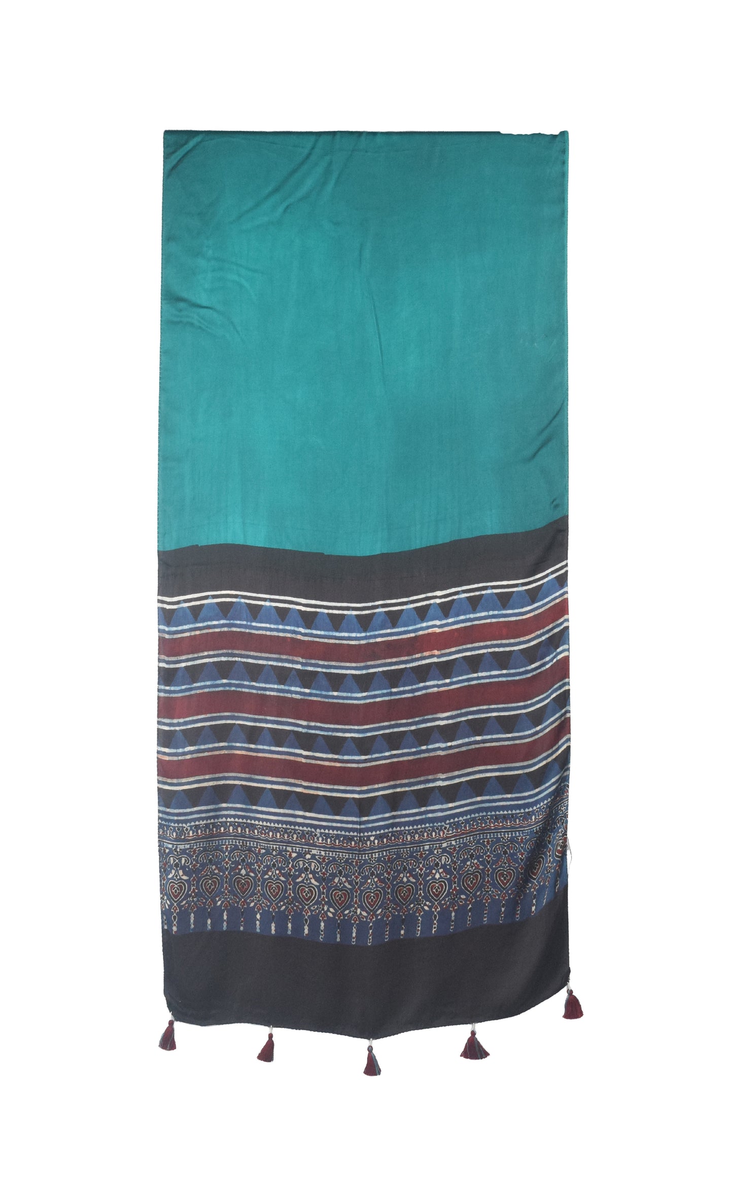 Ajrakh Modal Silk Part Natural Dye Half Plain Dyeing Hand Block Print Stole With Tassels - 2.1 Mtr Length    -  SKU : AI2690BH