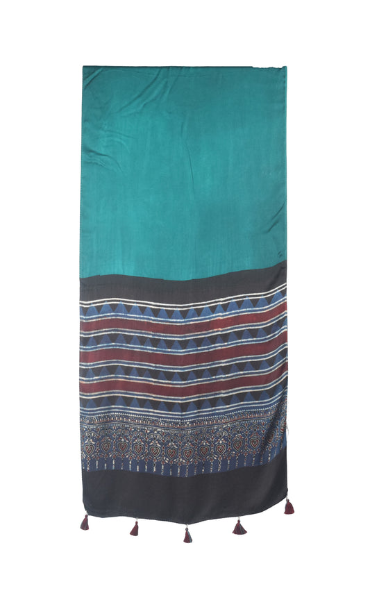 Ajrakh Modal Silk Part Natural Dye Half Plain Dyeing Hand Block Print Stole With Tassels - 2.1 Mtr Length    -  SKU : AI2690BH