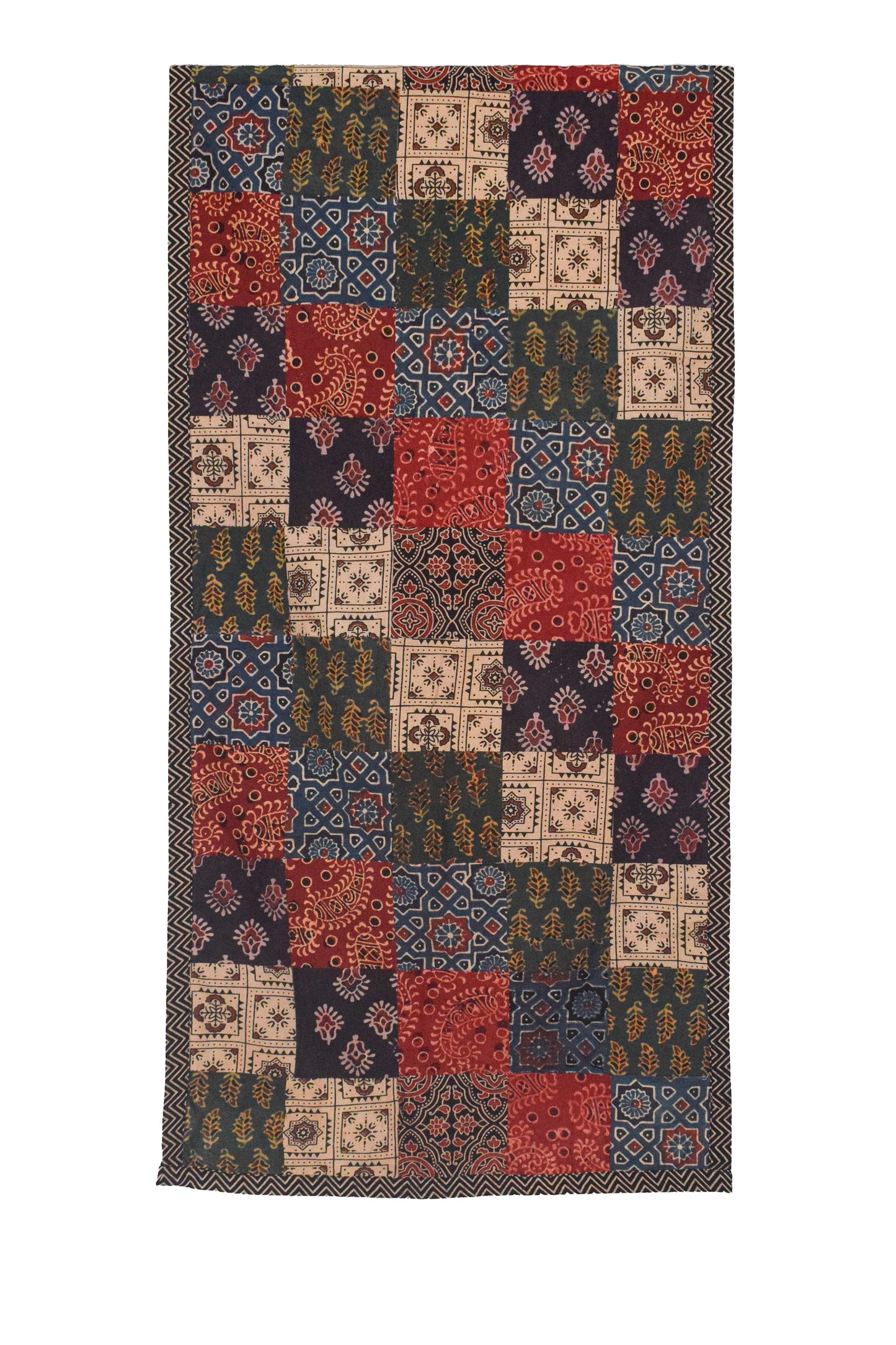 Ajrakh Cotton Natural Dye Applique ( Patches) Work Hand Block Print Stole  - 2.1 Mtr Length    -  SKU : KB25701A