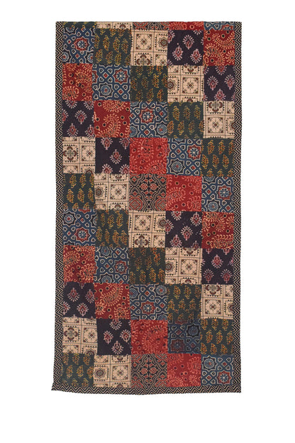 Ajrakh Cotton Natural Dye Applique ( Patches) Work Hand Block Print Stole  - 2.1 Mtr Length    -  SKU : KB25701A