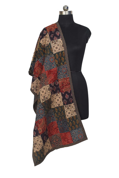 Ajrakh Cotton Natural Dye Applique ( Patches) Work Hand Block Print Stole  - 2.1 Mtr Length    -  SKU : KB25701A