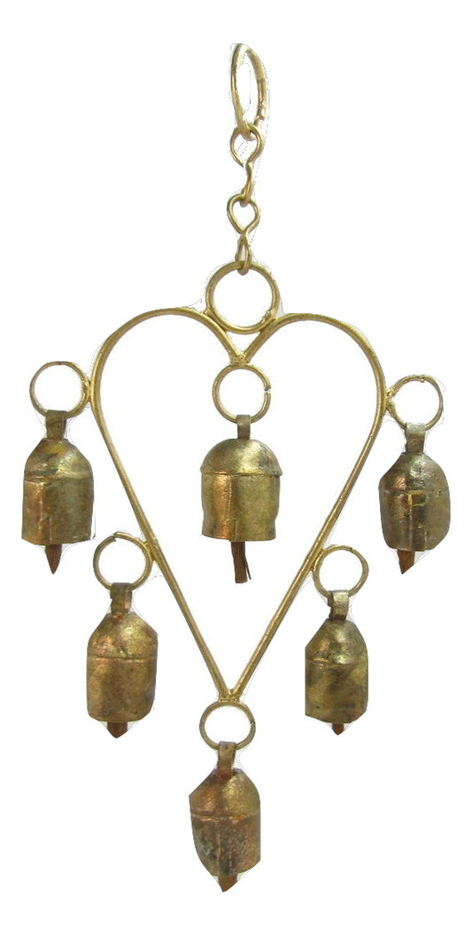 Hand Made Metal Bells Wrought Iron Copper-Zinc Coated Home Décor Chimes Cow Bell  - Heart 6 Bell - 29 cms Length    -  SKU : BEL-0027