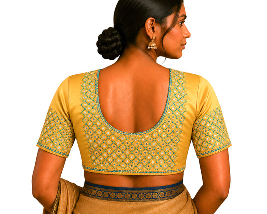 Fine Mirrorwork Mashru Silk Hand Embroidered Blouse - Unstitched & Embroidered  - 1 Mtr Length    -  SKU : RD28301G