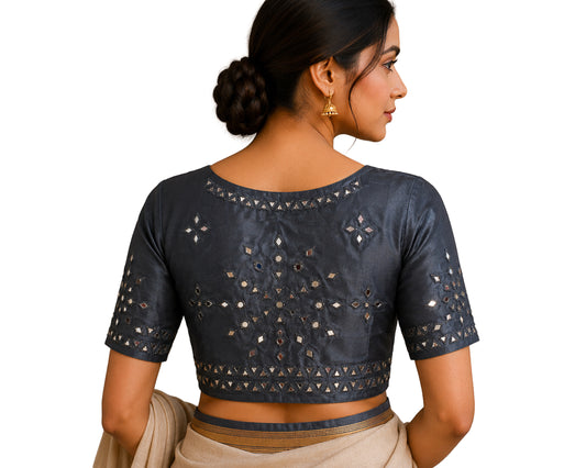 Cut Mirror Work Mashru Silk Hand Embroidered Blouse - Unstitched   - 1 Mtr Length  -  SKU: RD23201A