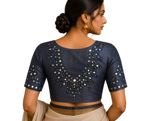 Cut Mirror Work Mashru Silk Hand Embroidered Blouse - Unstitched   - 1 Mtr Length  -  SKU: RD23202A