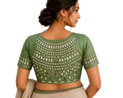 Cut Mirror Work Mashru Silk Hand Embroidered Simple Mirror Work Blouse - Unstitched  - 1 Mtr Length    -  SKU : SH08801B
