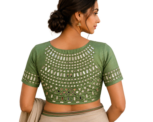 Cut Mirror Work Mashru Silk Hand Embroidered Simple Mirror Work Blouse - Unstitched  - 1 Mtr Length    -  SKU : SH08801B