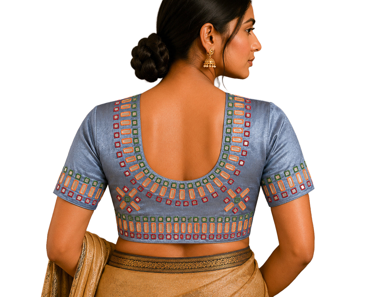Cut Mirror Work Mashru Silk Hand Embroidery Blouse - Unstitched   - 1 Mtr Length    -  SKU : SH19A01B