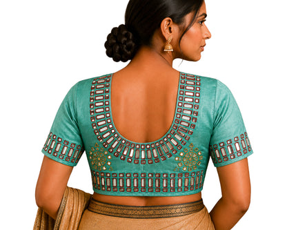 Cut Mirror Work Mashru Silk Hand Embroidered Blouse - Unstitched   - 1 Mtr Length  -  SKU: SH05201A