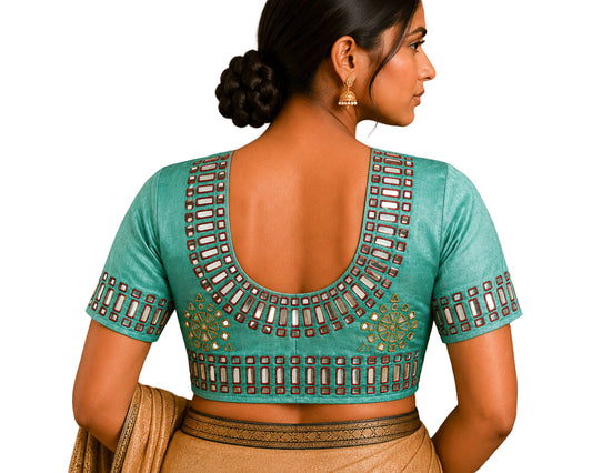 Cut Mirror Work Mashru Silk Hand Embroidered Blouse - Unstitched   - 1 Mtr Length  -  SKU: SH05201A