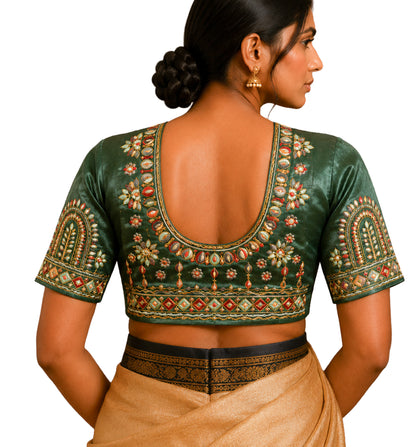 Pakko Work Mashru Silk Hand Embroidered Mirror Work Blouse - Unstitched   - 1 Mtr Length    -  SKU : SH10B01A