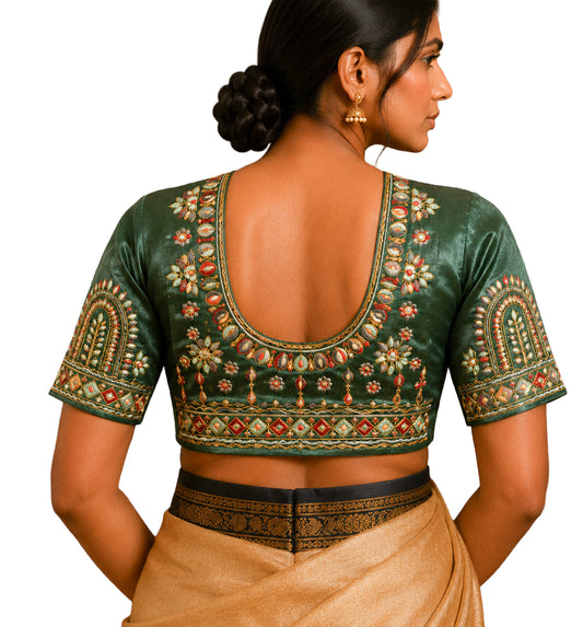 Pakko Work Mashru Silk Hand Embroidered Mirror Work Blouse - Unstitched   - 1 Mtr Length    -  SKU : SH10B01A
