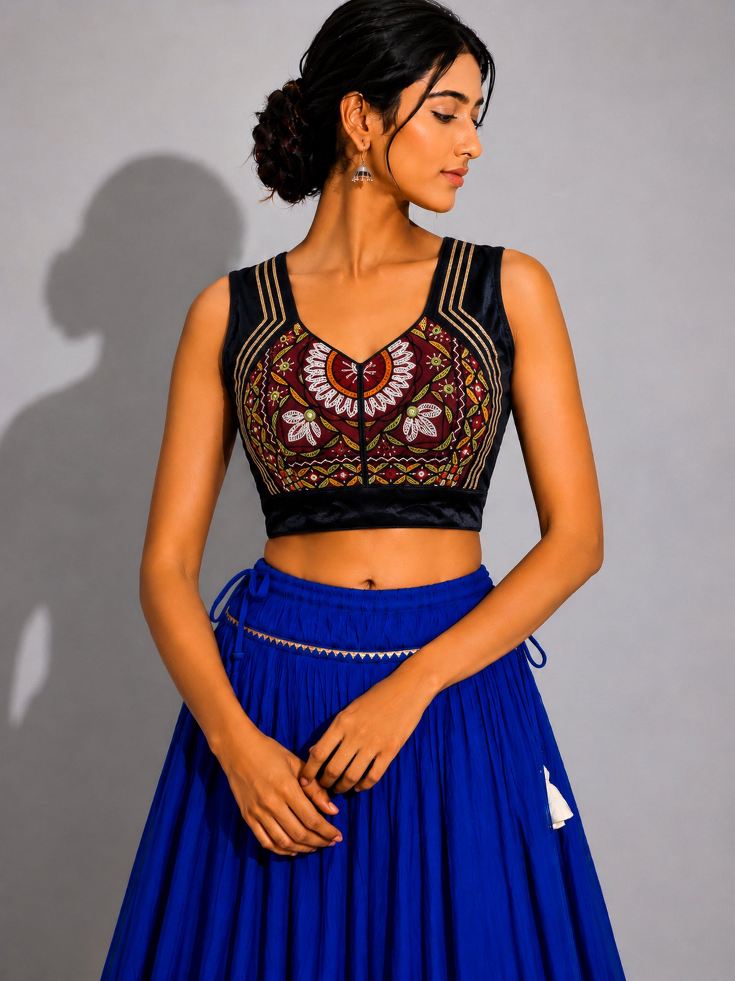 Plain Dyeing Mashru Silk Hand Embroidered Pakko Work Blouse - Stitched Mirror Work - Free Size   -  SKU : RD28701G