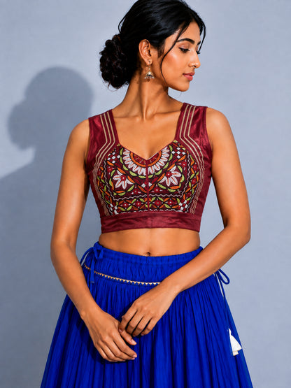 Plain Dyeing Mashru Silk Hand Embroidered Pakko Work Blouse - Stitched Mirror Work - Free Size   -  SKU : RD28701D