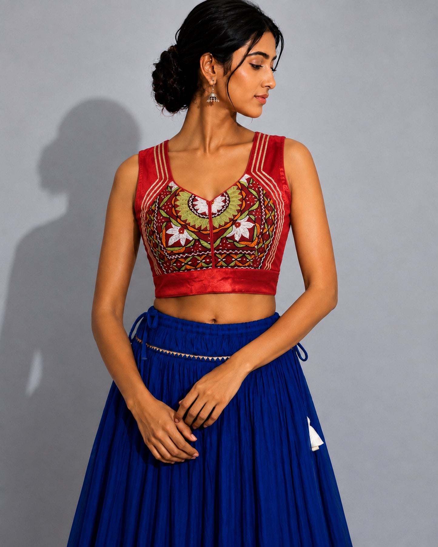 Plain Dyeing Mashru Silk Hand Embroidered Pakko Work Blouse - Stitched Mirror Work - Free Size   -  SKU : RD28701F