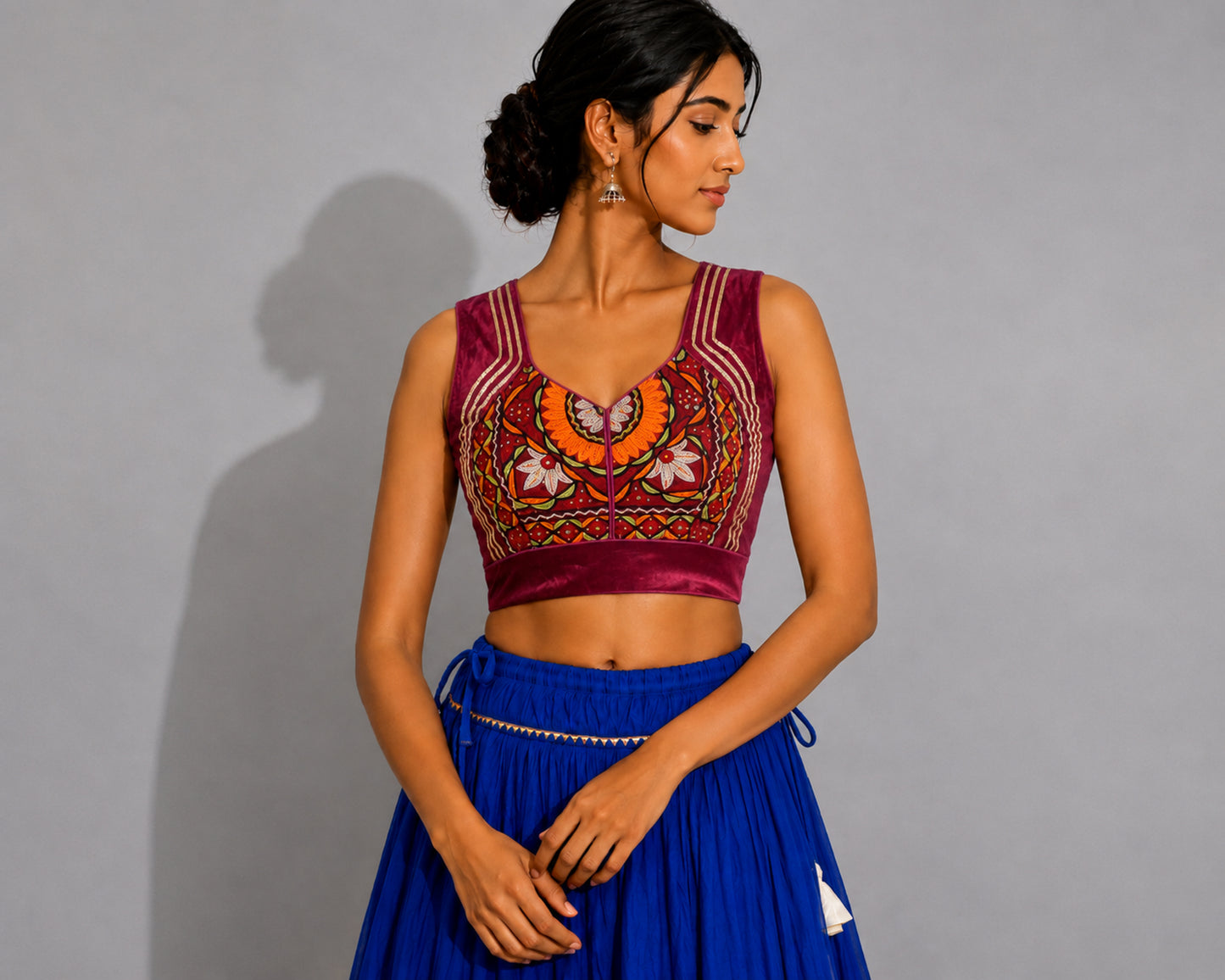 Plain Dyeing Mashru Silk Hand Embroidered Pakko Work Blouse - Stitched Mirror Work - Free Size   -  SKU : RD28701C