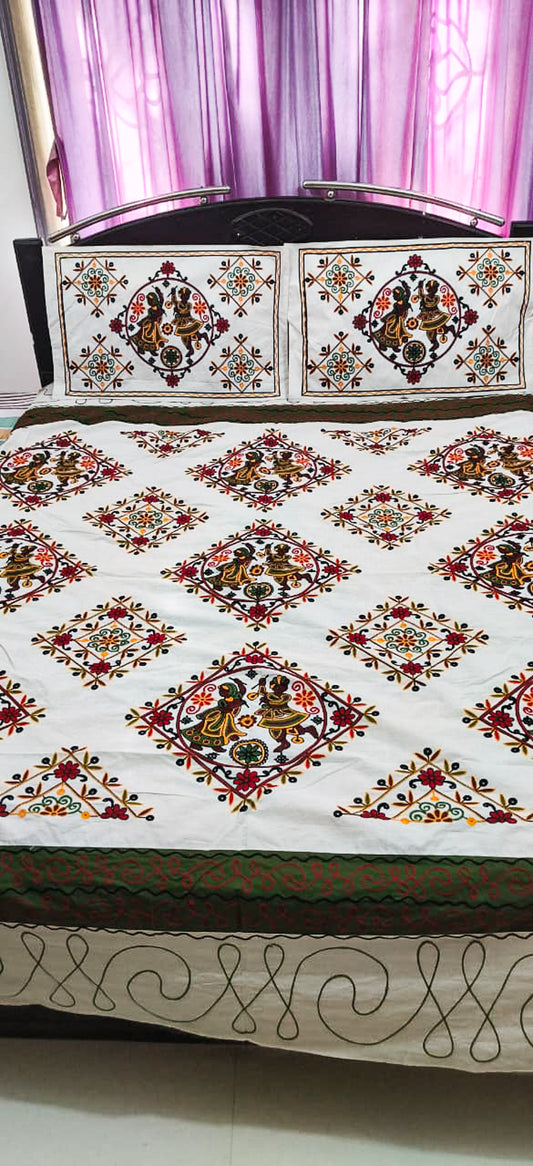 Machine Embroidery Cotton Double Bedsheet - Double  - 7 Feet Length   -  SKU : NC19401A