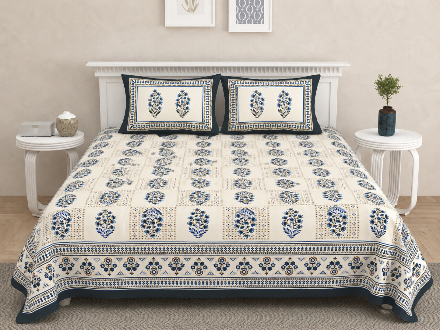Ajrakh Cotton Natural Dye Kutchi Galicha Hand Block Print Bedsheet - Double King Size - 100 Inch Length   -  SKU : KD09602A