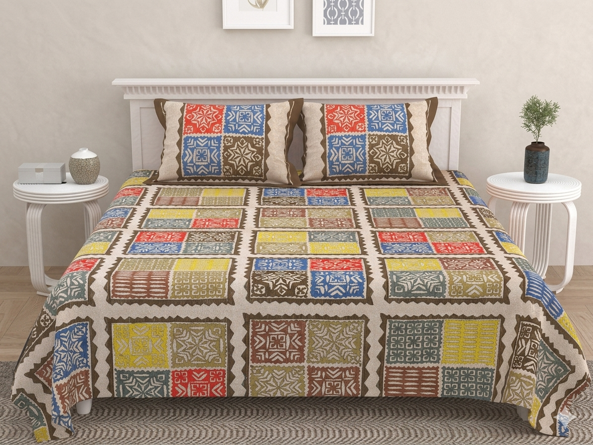 Ajrakh Cotton Natural Dye Kutchi Galicha Hand Block Print Bedsheet - Double King Size - 100 Inch Length    -  SKU : KD12201A