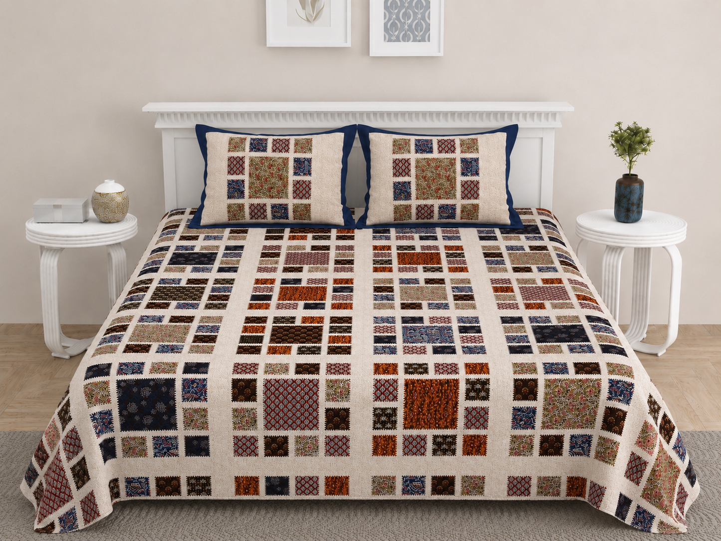 Ajrakh Cotton Natural Dye Kutchi Galicha Hand Block Print Bedsheet - Double King Size - 108 Inch Length   -  SKU : KD09601A