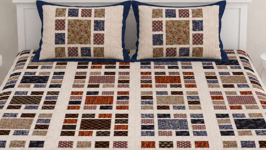 Ajrakh Cotton Natural Dye Kutchi Galicha Hand Block Print Bedsheet - Double King Size - 108 Inch Length   -  SKU : KD09601A