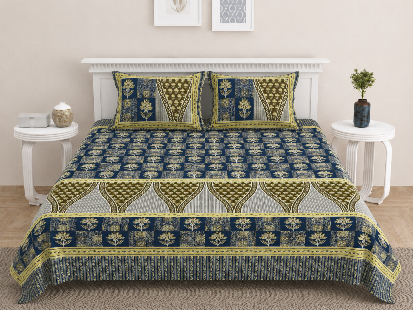 Ajrakh Cotton Natural Dye Kutchi Galicha Hand Block Print Bedsheet - Double King Size - 108 Inch Length   -  SKU : KD09601C