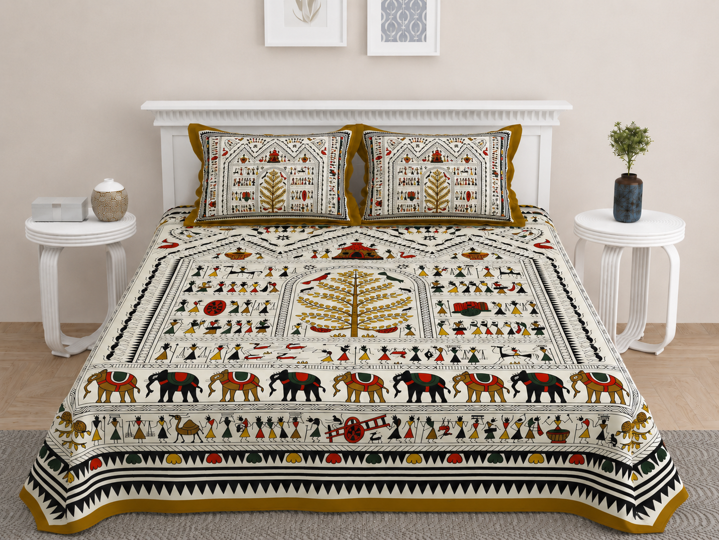 Ajrakh Cotton Natural Dye Kutchi Galicha Hand Block Print Bedsheet - Double King Size - 108 Inch Length   -  SKU : KD09601B