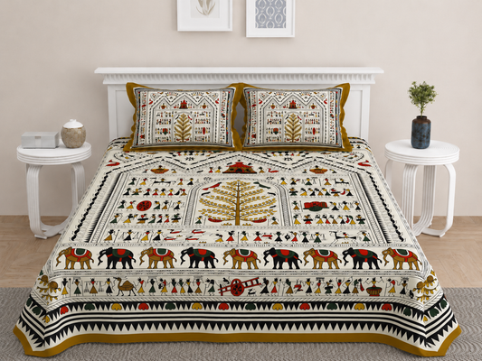 Ajrakh Cotton Natural Dye Kutchi Galicha Hand Block Print Bedsheet - Double King Size - 108 Inch Length   -  SKU : KD09601B