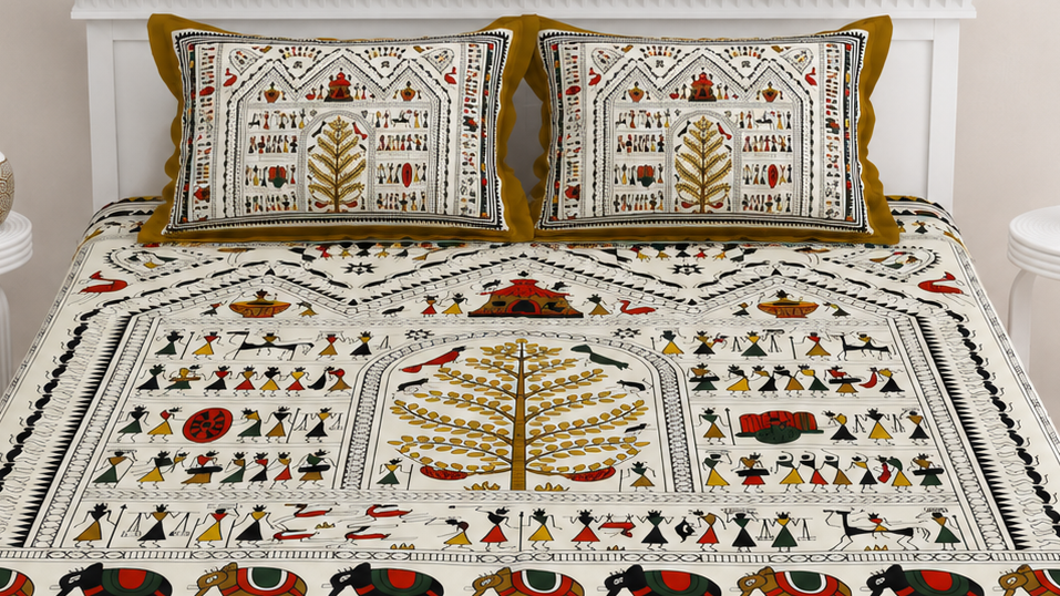 Ajrakh Cotton Natural Dye Kutchi Galicha Hand Block Print Bedsheet - Double King Size - 108 Inch Length   -  SKU : KD09601B