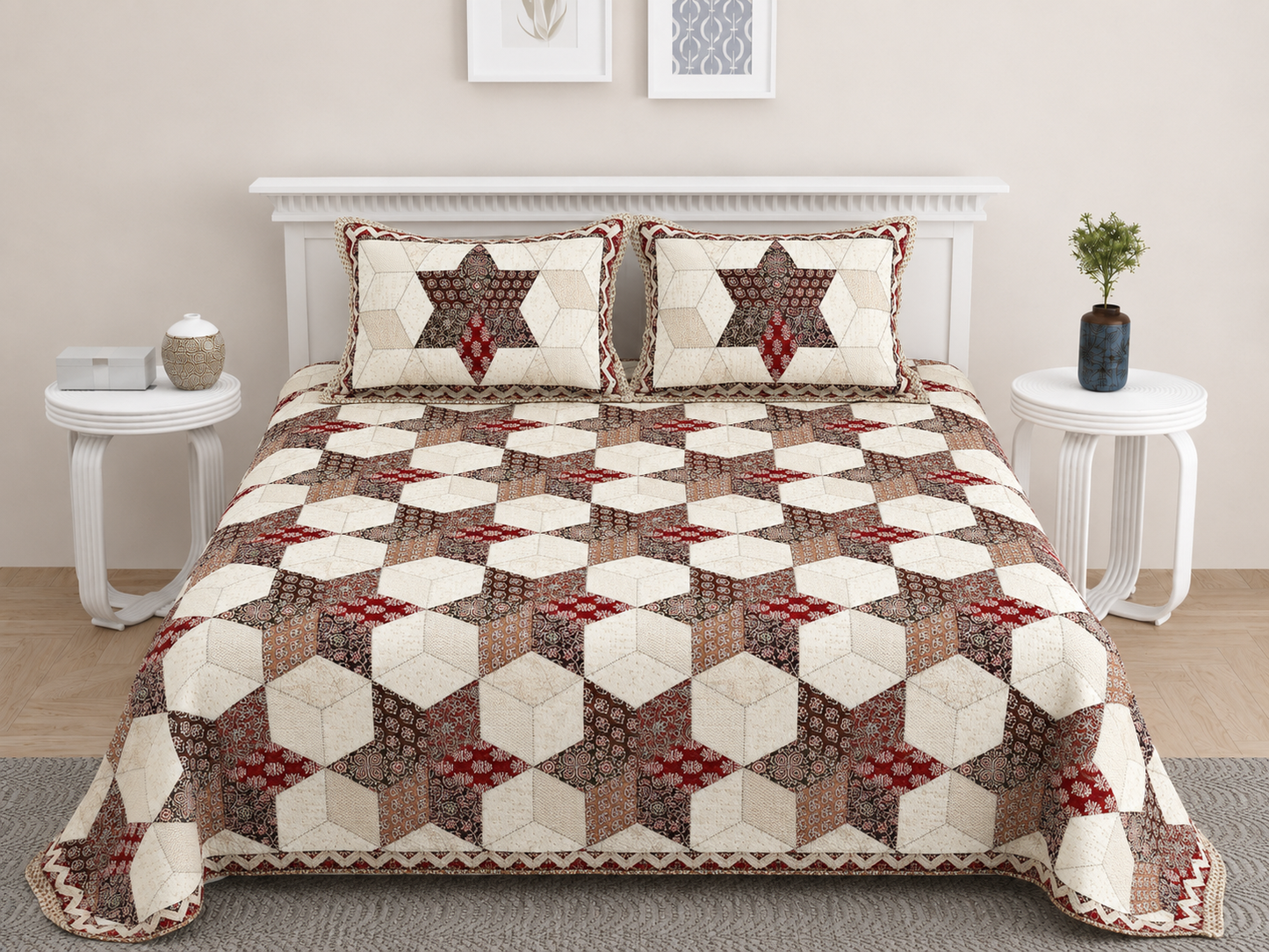 Ajrakh Cotton Natural Dye Kutchi Galicha Hand Block Print Bedsheet - Double King Size - 108 Inch Length   -  SKU : KD09601D