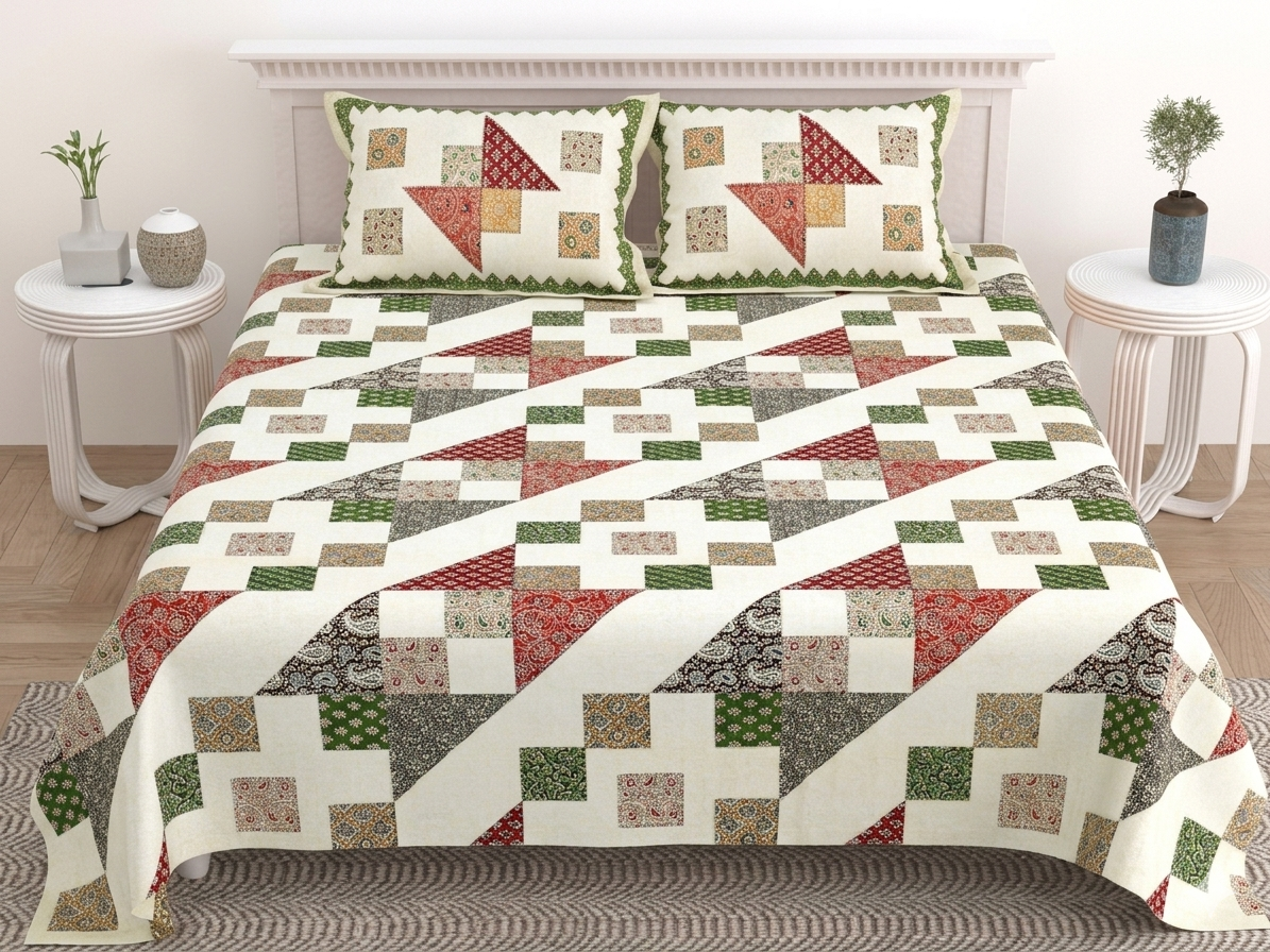 Ajrakh Cotton Natural Dye Kutchi Galicha Hand Block Print Bedsheet - Double King Size - 108 Inch Length    -  SKU : KD12202A