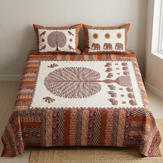 Ajrakh Cotton Natural Dye Kutchi Galicha Hand Block Print Bedsheet - Single  - 94 Inch Length    -  SKU : KD12203A