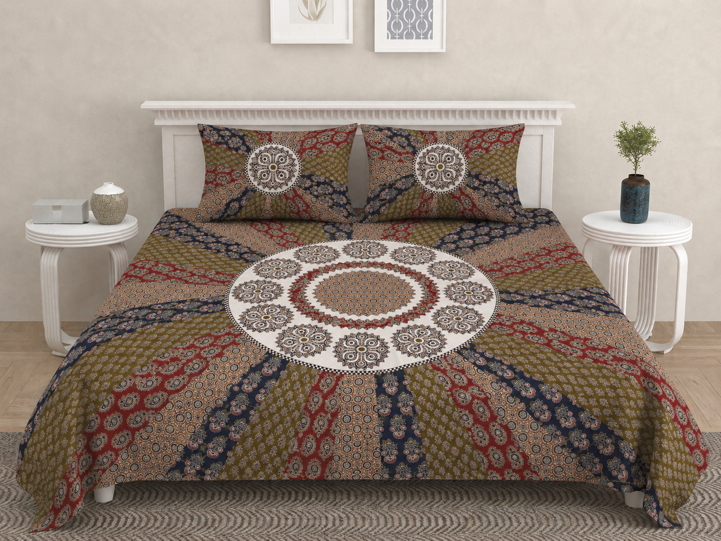 Ajrakh Cotton Natural Dye Kutchi Galicha Hand Block Print Bedsheet - Single  - 94 Inch Length   -  SKU : KD12203C