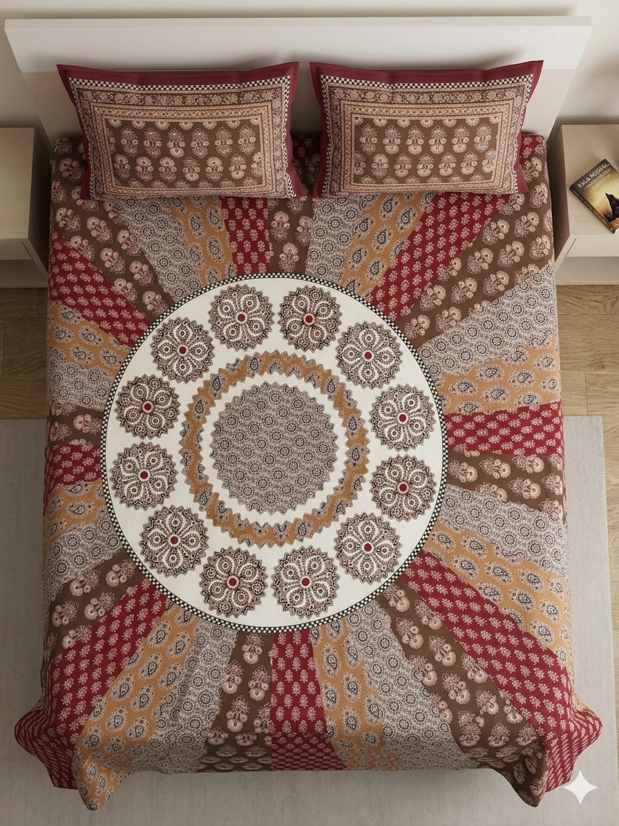 Ajrakh Cotton Natural Dye Kutchi Galicha Hand Block Print Bedsheet - Single  - 94 Inch Length    -  SKU : KD12203C