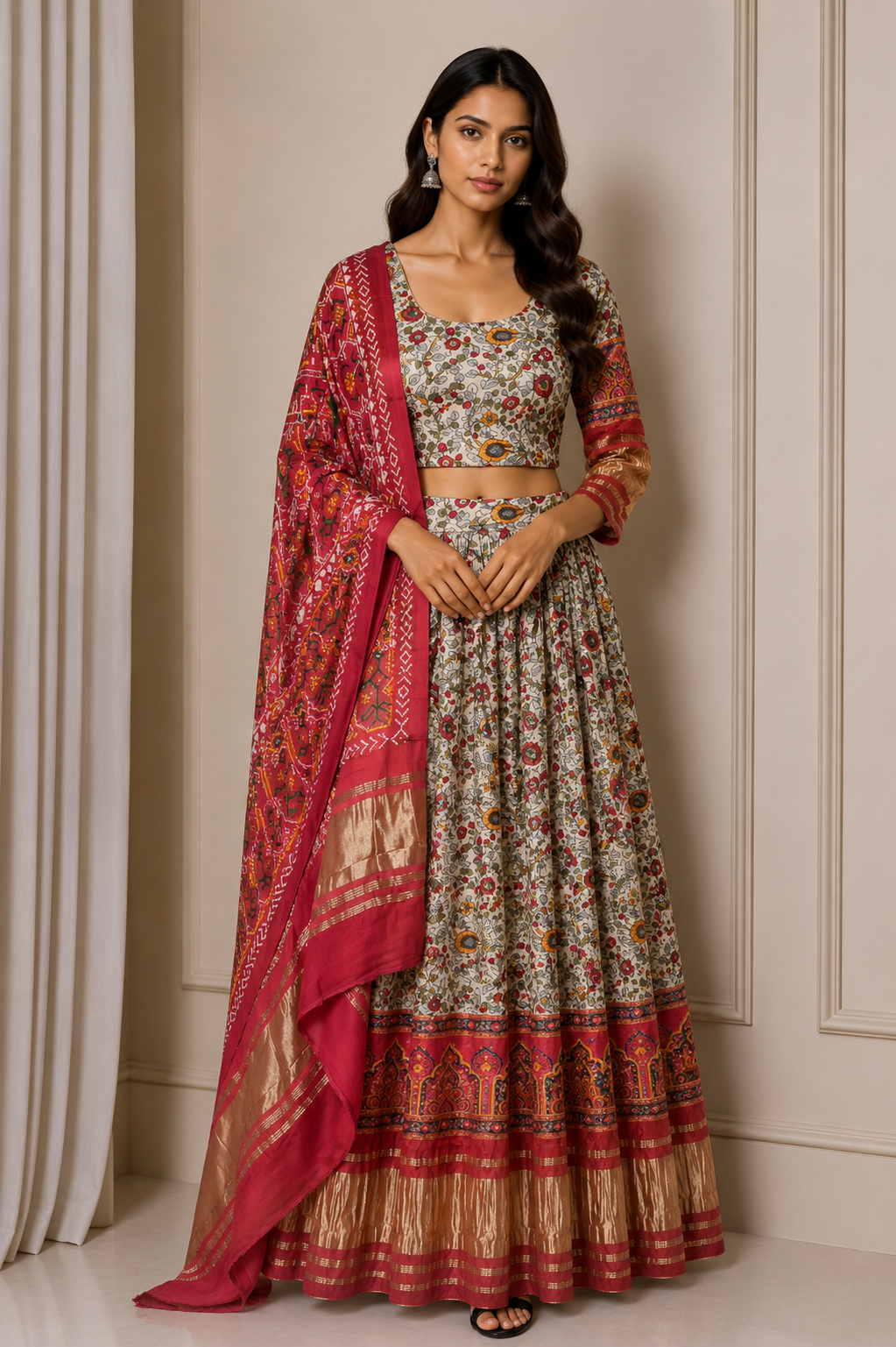 Patola Print Modal Silk Ready To Stitch Chaniya Choli with Golden Border - Free SizeFree Size    -  SKU : FJ06C01A