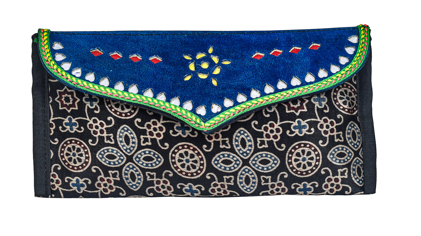 Ajrakh Mashru Silk Leathercraft Hand Made Leather Craft Punch Work Clutch  - 10.5 cms Length    -  SKU : AB19401H