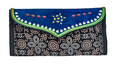 Ajrakh Mashru Silk Leathercraft Hand Made Leather Craft Punch Work Clutch  - 10.5 cms Length    -  SKU : AB19401H
