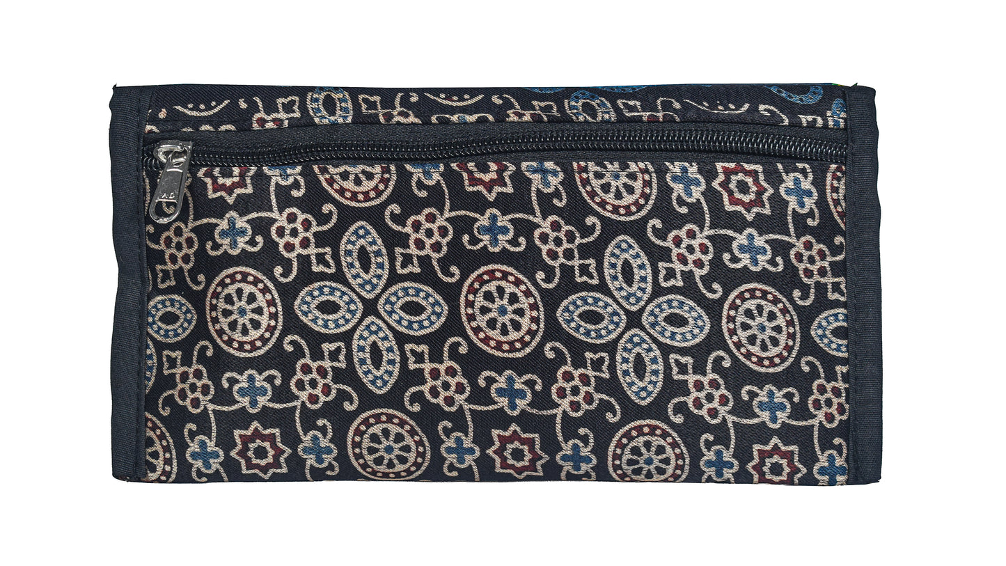 Ajrakh Mashru Silk Leathercraft Hand Made Leather Craft Punch Work Clutch  - 10.5 cms Length    -  SKU : AB19401H