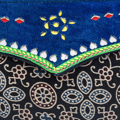 Ajrakh Mashru Silk Leathercraft Hand Made Leather Craft Punch Work Clutch  - 10.5 cms Length    -  SKU : AB19401H