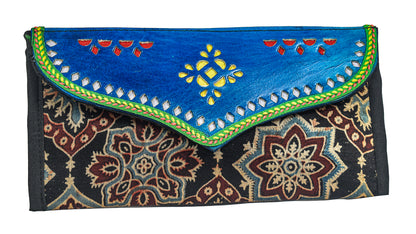 Ajrakh Mashru Silk Leathercraft Hand Made Leather Craft Punch Work Clutch  - 10.5 cms Length    -  SKU : AB19401I