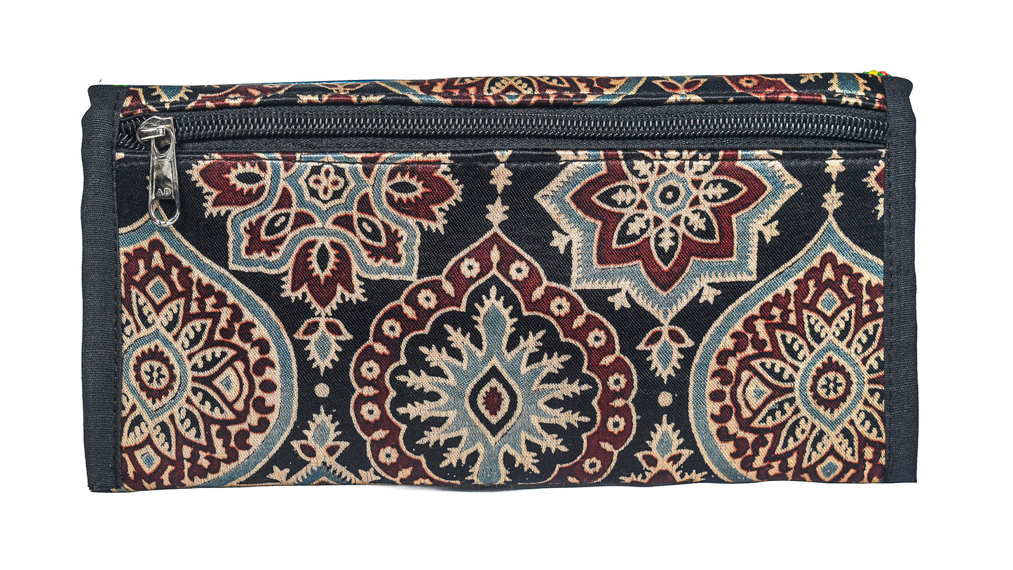 Ajrakh Mashru Silk Leathercraft Hand Made Leather Craft Punch Work Clutch  - 10.5 cms Length    -  SKU : AB19401I