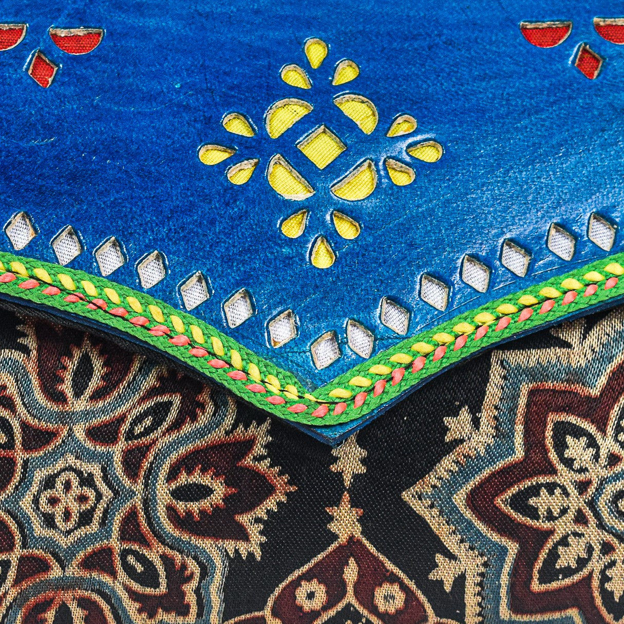 Ajrakh Mashru Silk Leathercraft Hand Made Leather Craft Punch Work Clutch  - 10.5 cms Length    -  SKU : AB19401I