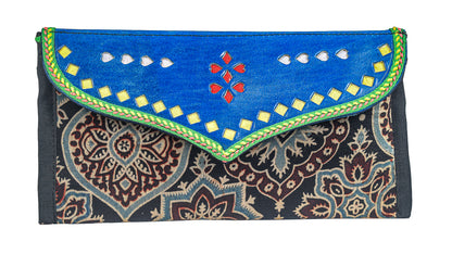 Ajrakh Mashru Silk Leathercraft Hand Made Leather Craft Punch Work Clutch  - 10.5 cms Length    -  SKU : AB19401J