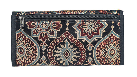 Ajrakh Mashru Silk Leathercraft Hand Made Leather Craft Punch Work Clutch  - 10.5 cms Length    -  SKU : AB19401J