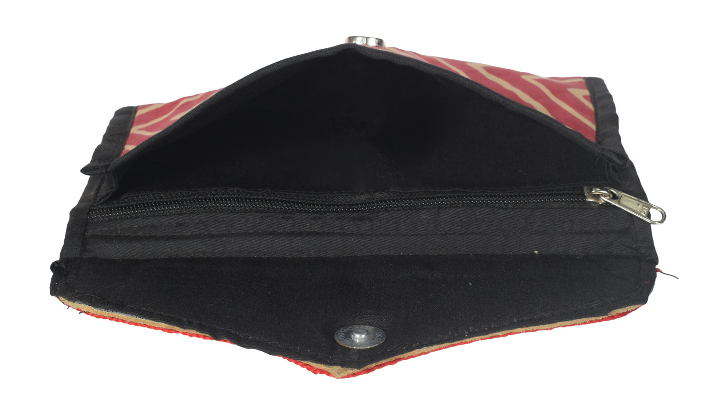 Ajrakh Mashru Silk Leathercraft Hand Made Leather Craft Punch Work Clutch  - 10.5 cms Length    -  SKU : AB19401J