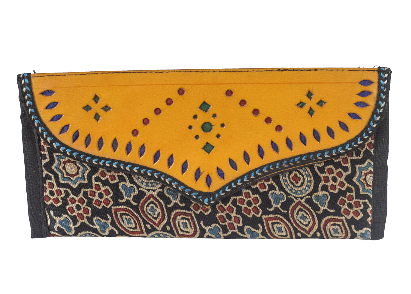 Ajrakh Mashru Silk Leathercraft Hand Made Leather Craft Punch Work Clutch  - 10.5 cms Length    -  SKU : AB04801N
