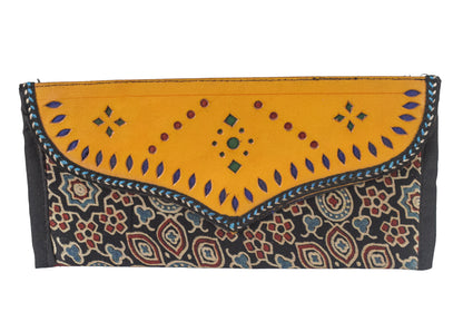 Ajrakh Mashru Silk Leathercraft Hand Made Leather Craft Punch Work Clutch  - 10.5 cms Length    -  SKU : AB04801N
