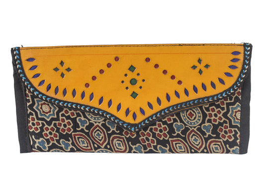 Ajrakh Mashru Silk Leathercraft Hand Made Leather Craft Punch Work Clutch  - 10.5 cms Length    -  SKU : AB04801N