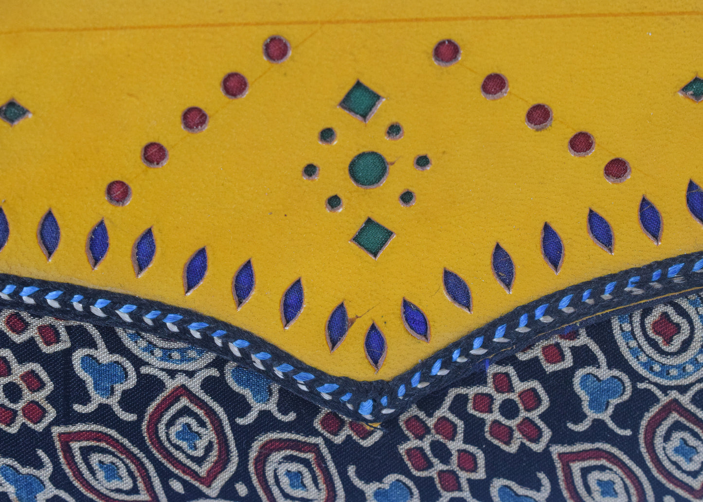 Ajrakh Mashru Silk Leathercraft Hand Made Leather Craft Punch Work Clutch  - 10.5 cms Length    -  SKU : AB04801N