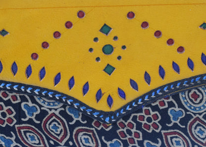 Ajrakh Mashru Silk Leathercraft Hand Made Leather Craft Punch Work Clutch  - 10.5 cms Length    -  SKU : AB04801N
